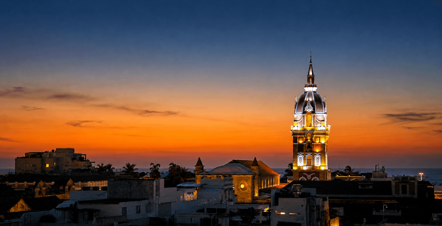 Cartagena cathedral skyline at sunset